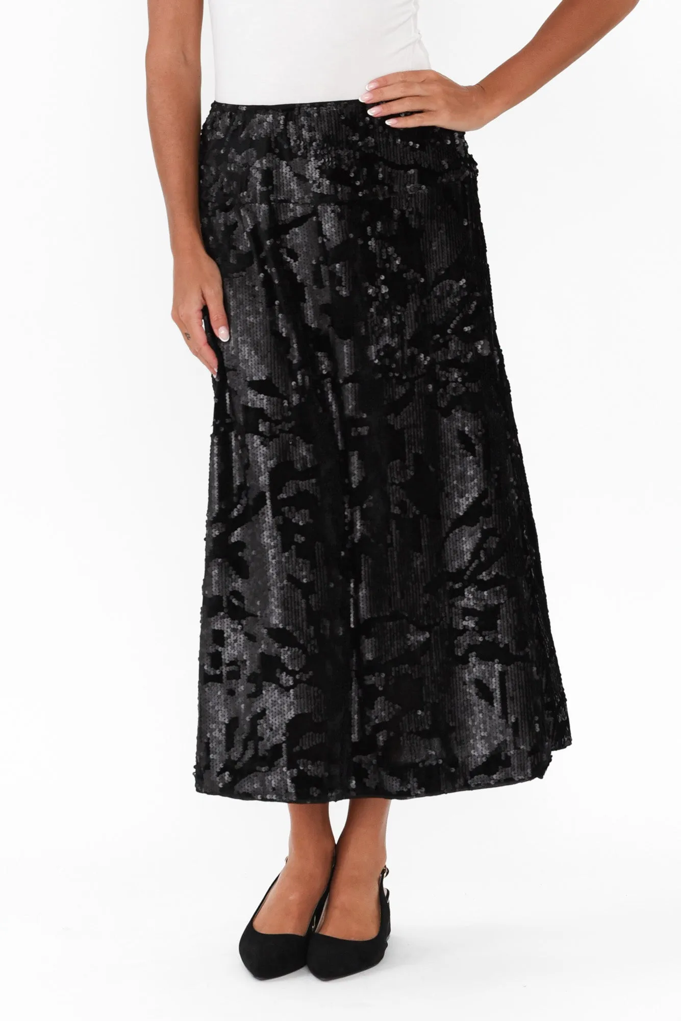 Corinne Black Sequin Midi Skirt sold by Blue Bungalow