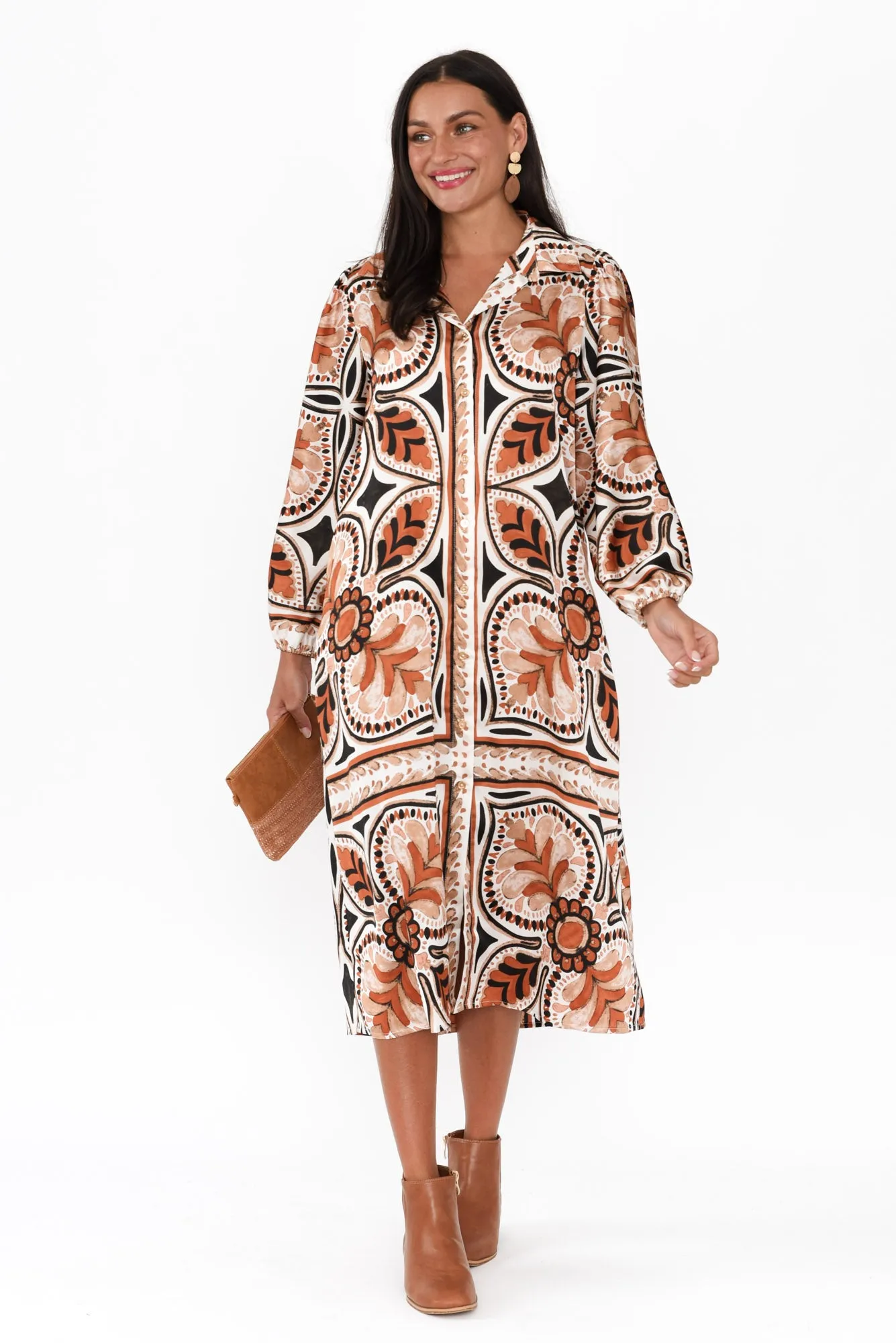 Brooklyn Chocolate Abstract Collared Dress sold by Blue Bungalow