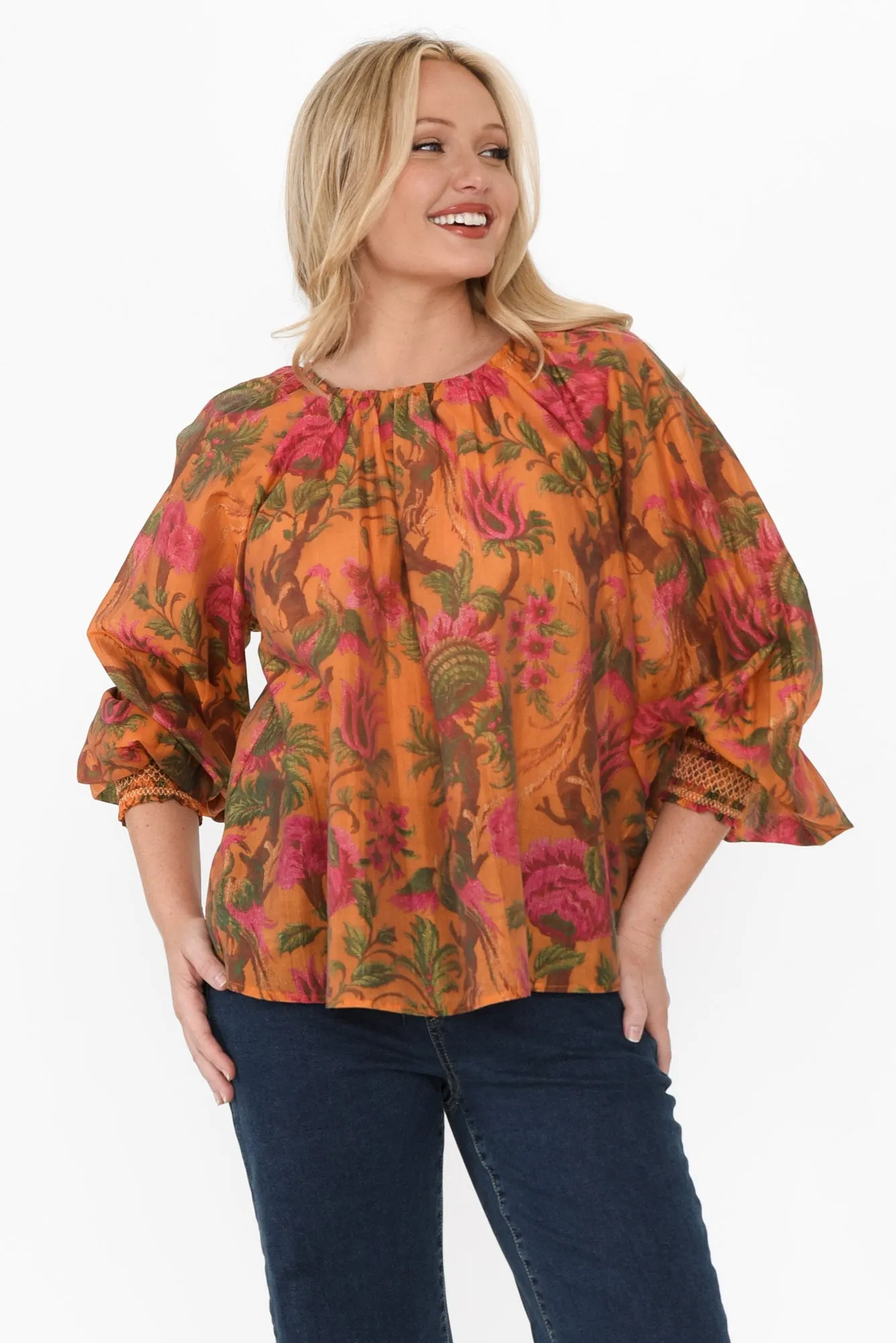 Panama Orange Floral Puff Sleeve Top sold by Blue Bungalow