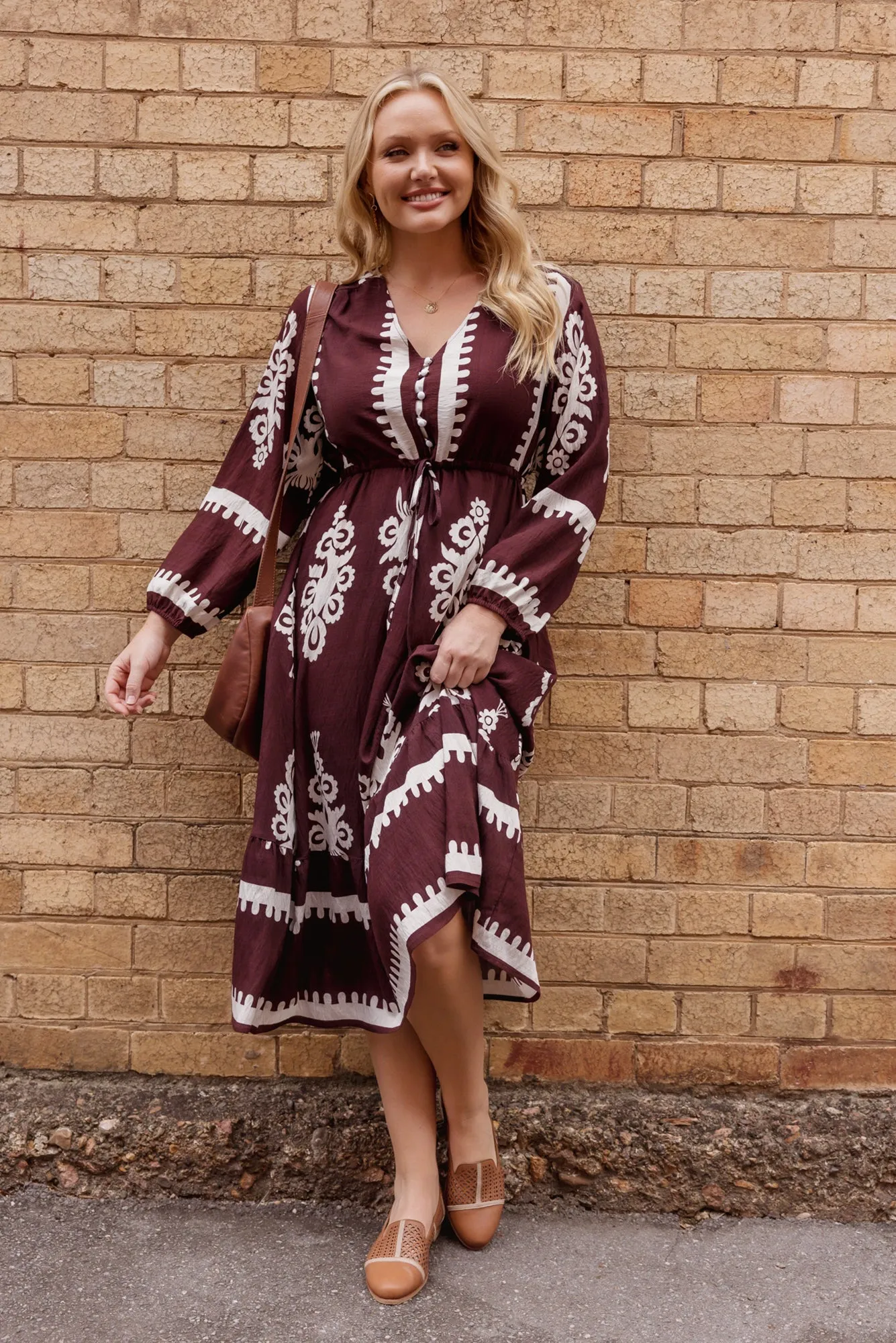 Javia Chocolate Abstract Tie Dress sold by Blue Bungalow