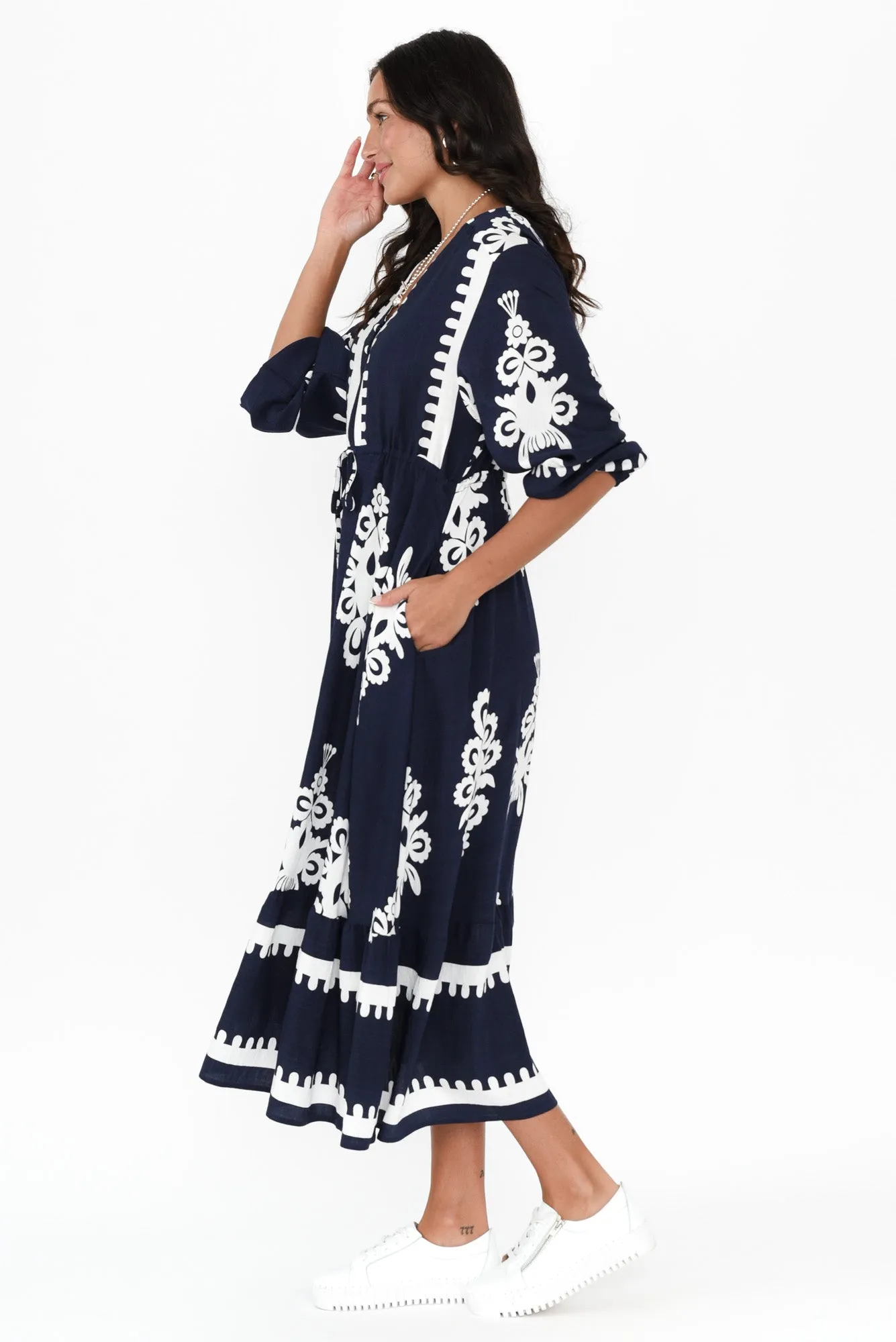 Javia Navy Abstract Tie Dress sold by Blue Bungalow product image thumbnail 4