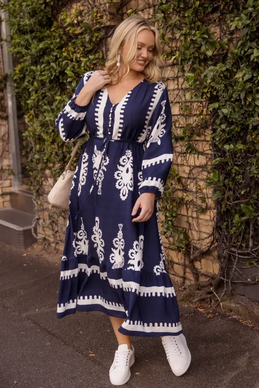 Javia Navy Abstract Tie Dress sold by Blue Bungalow