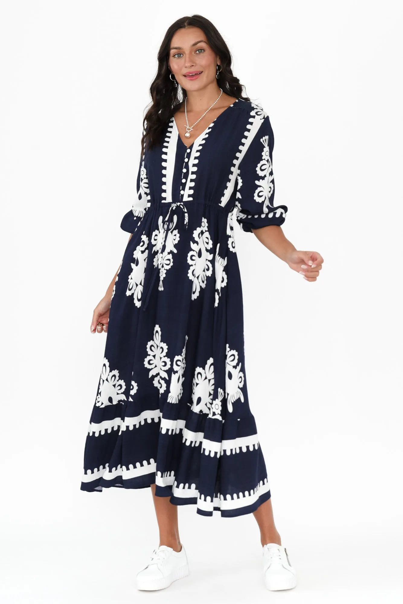 Javia Navy Abstract Tie Dress sold by Blue Bungalow product image thumbnail 3