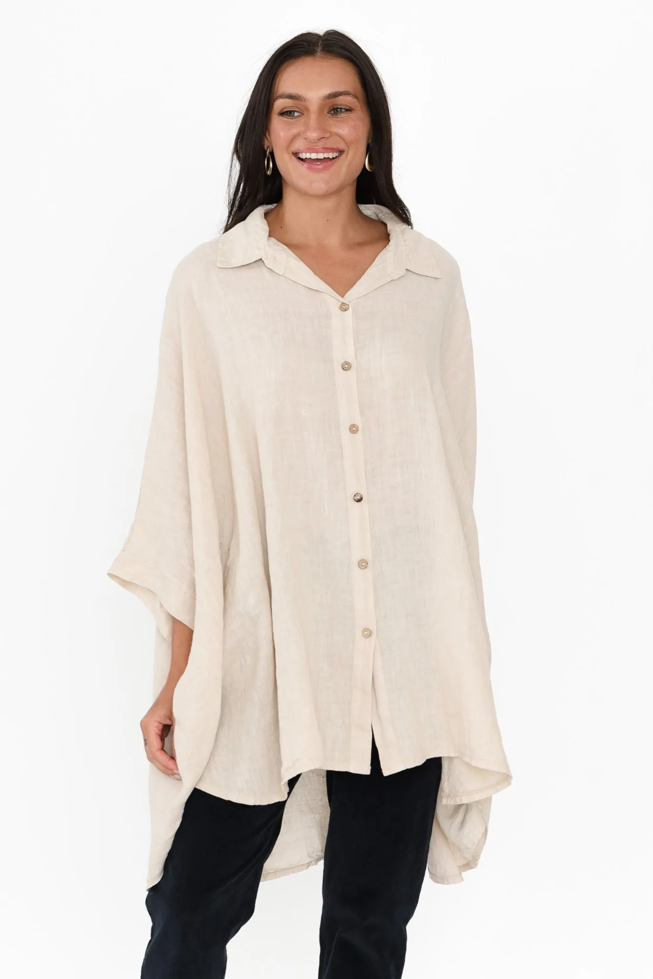 Giada Natural Linen Collared Shirt sold by Blue Bungalow