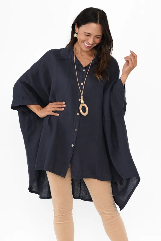 Giada Navy Linen Collared Shirt sold by Blue Bungalow