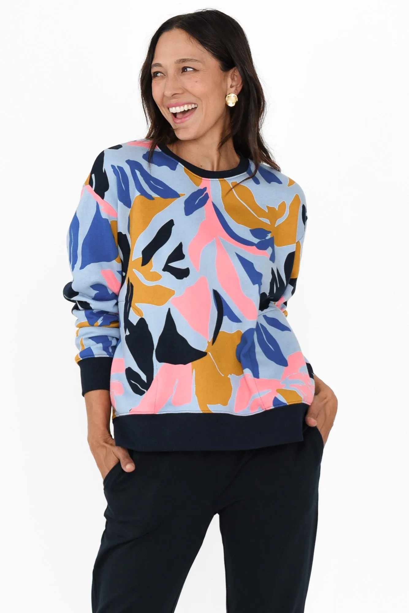 Bleeker Blue Abstract Cotton Crew Sweatshirt sold by Blue Bungalow