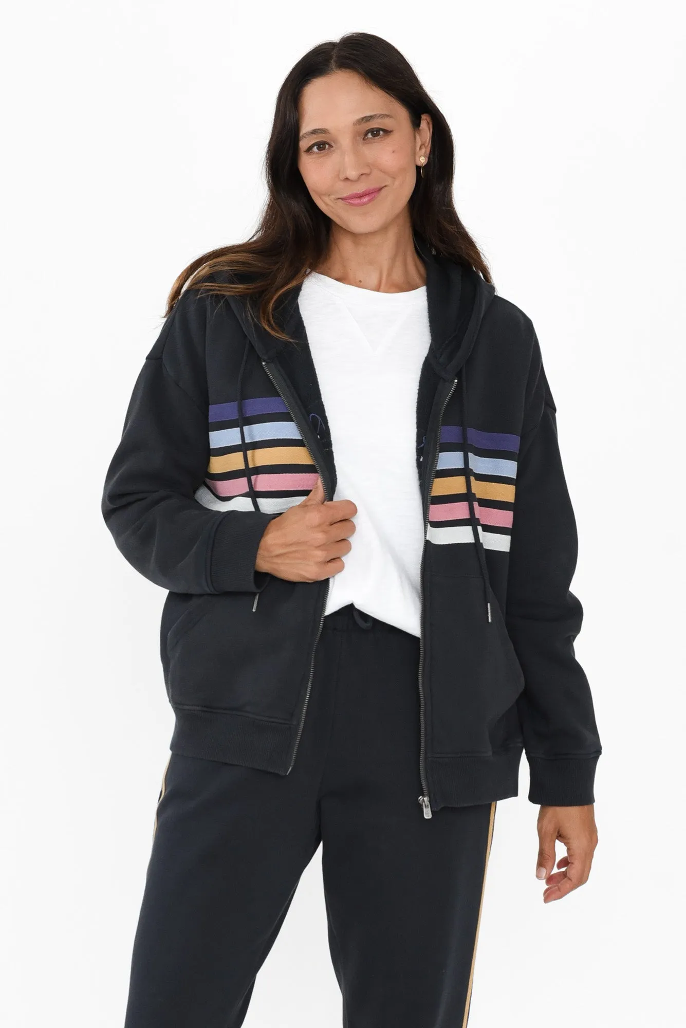 Cue Navy Stripe Zip Hooded Sweatshirt sold by Blue Bungalow
