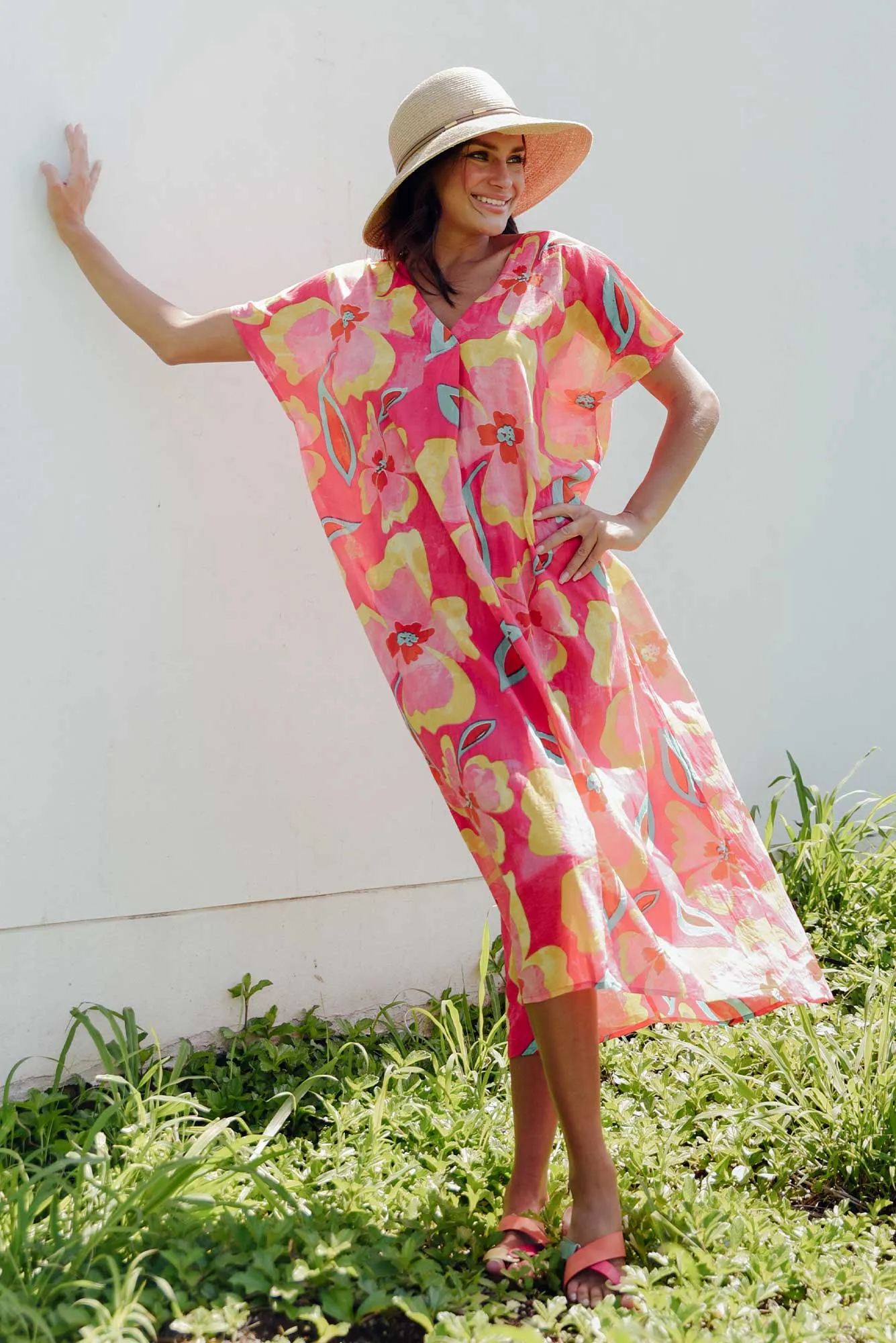 Lakyn Pink Flower Cotton Kaftan sold by Blue Bungalow