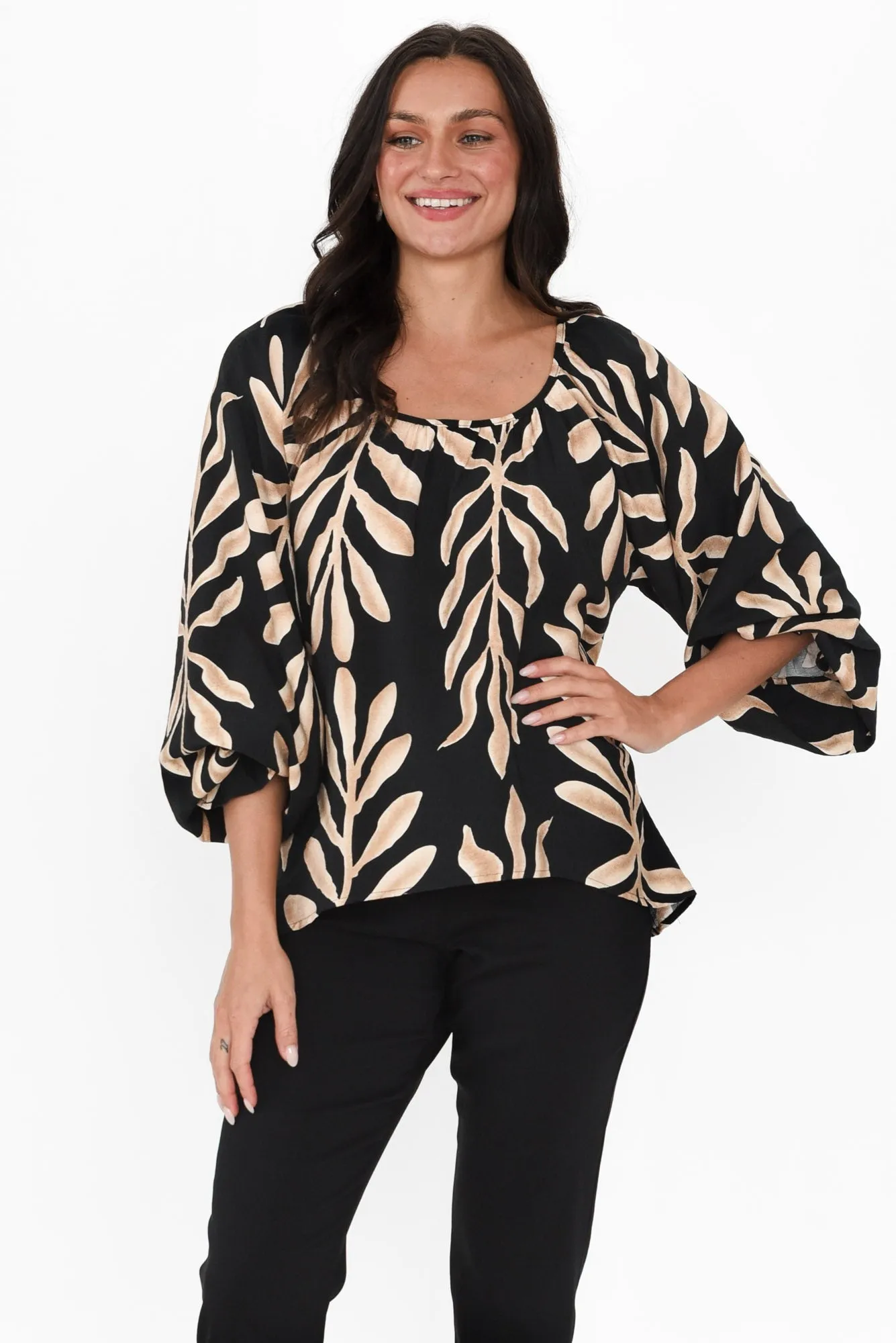Camren Black Leaf Frill Sleeve Top sold by Blue Bungalow