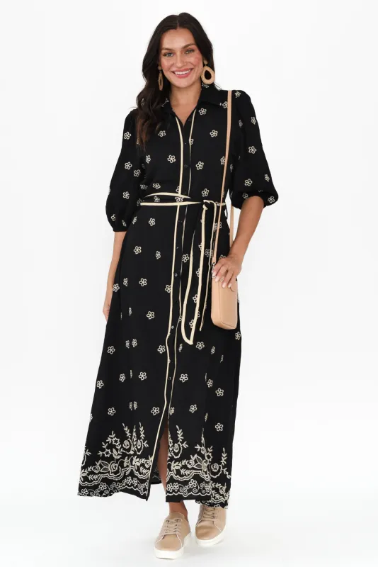 Martina Black Flower Tie Dress sold by Blue Bungalow