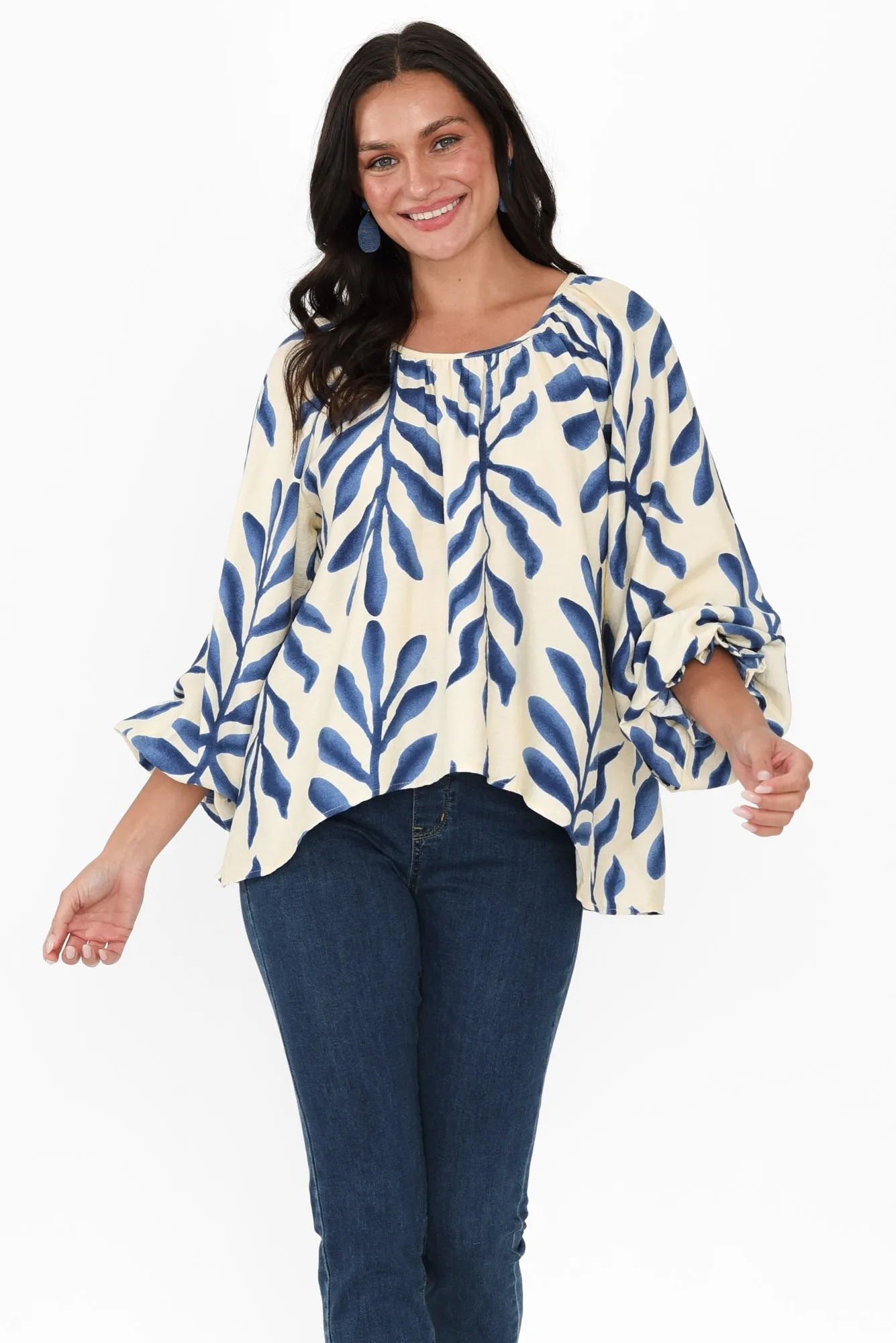 Camren Blue Leaf Frill Sleeve Top sold by Blue Bungalow