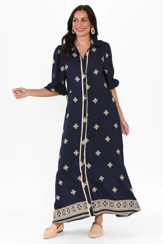 Martina Navy Geo Tie Dress sold by Blue Bungalow