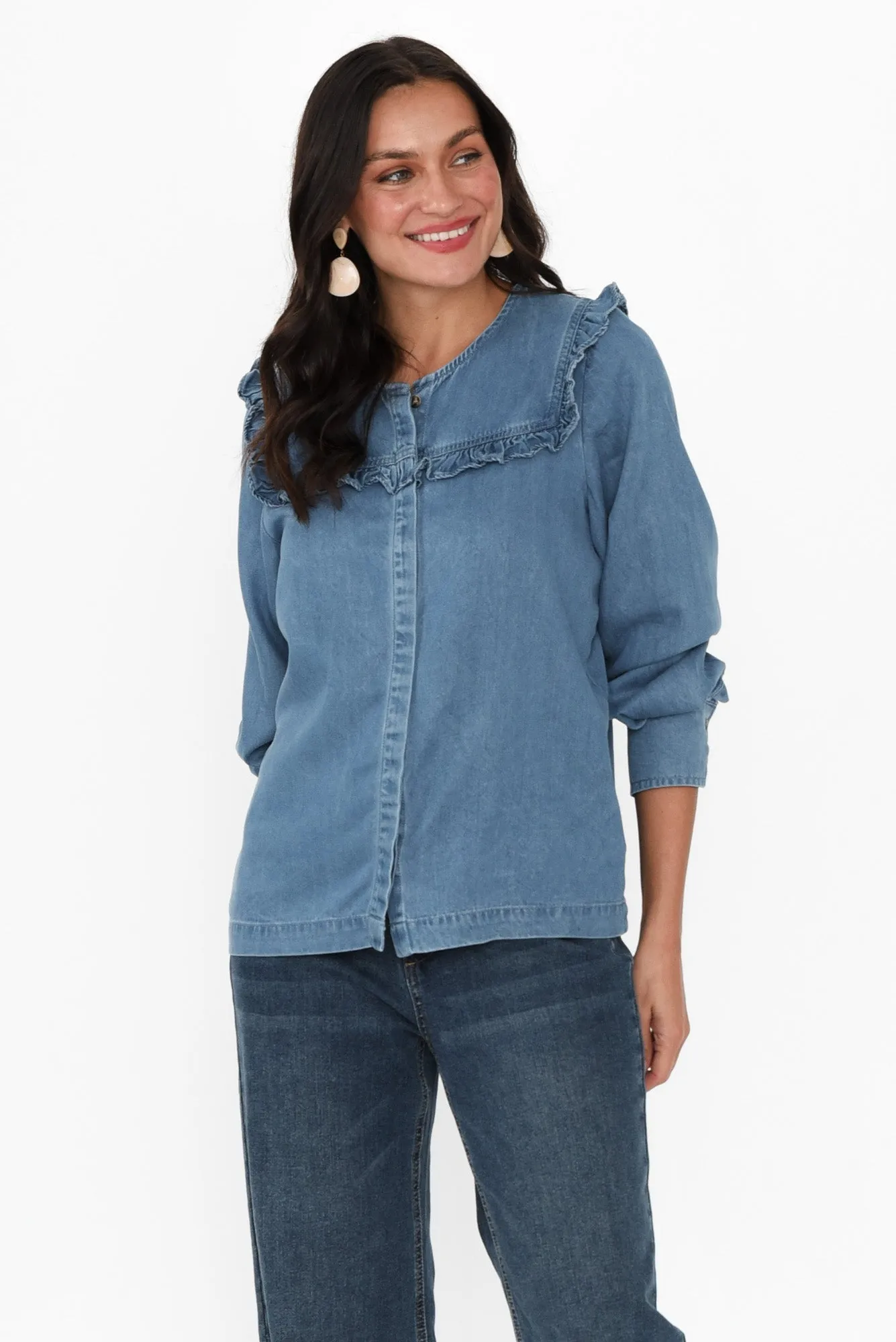 Frankie Blue Denim Frill Blouse sold by Blue Bungalow