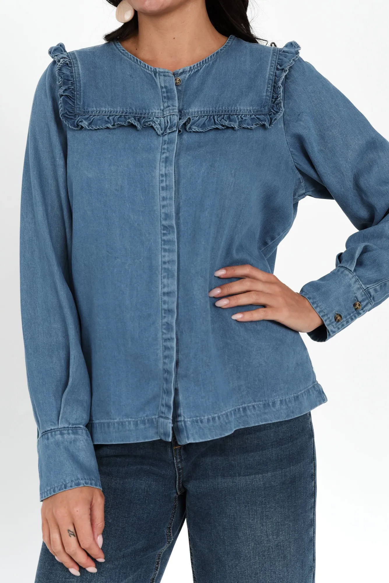 Frankie Blue Denim Frill Blouse sold by Blue Bungalow product image thumbnail 5