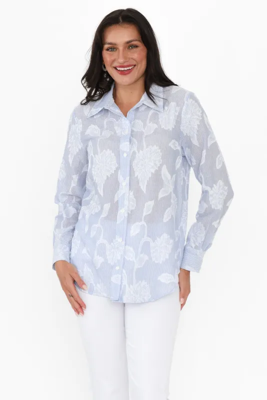 Tersa Blue Floral Stripe Lace Shirt sold by Blue Bungalow