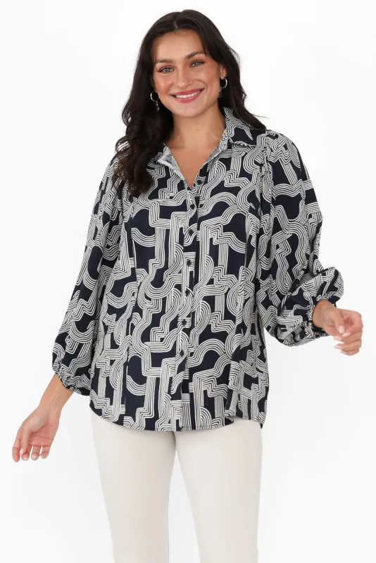 Rosalind Navy Geo Collared Shirt sold by Blue Bungalow