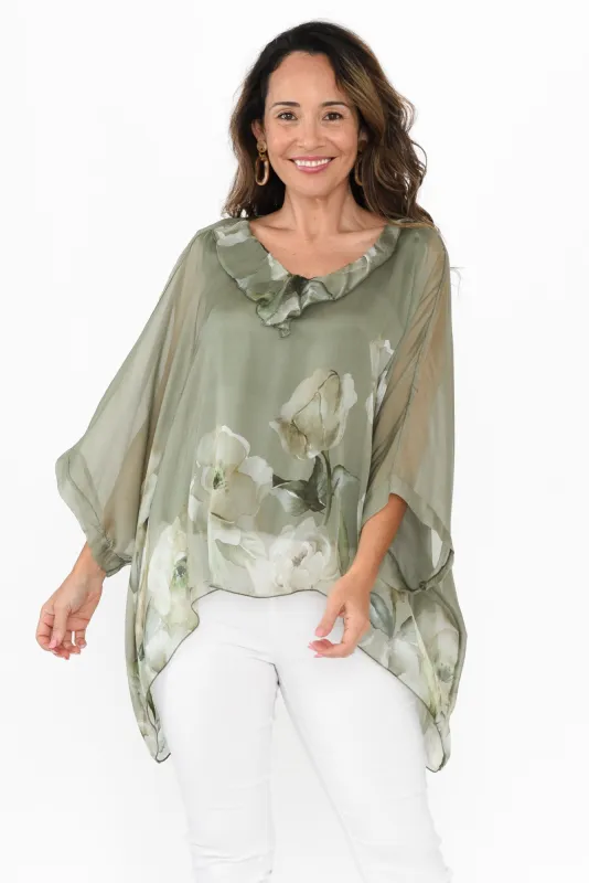 Saige Khaki Floral Silk Overlay Top sold by Blue Bungalow