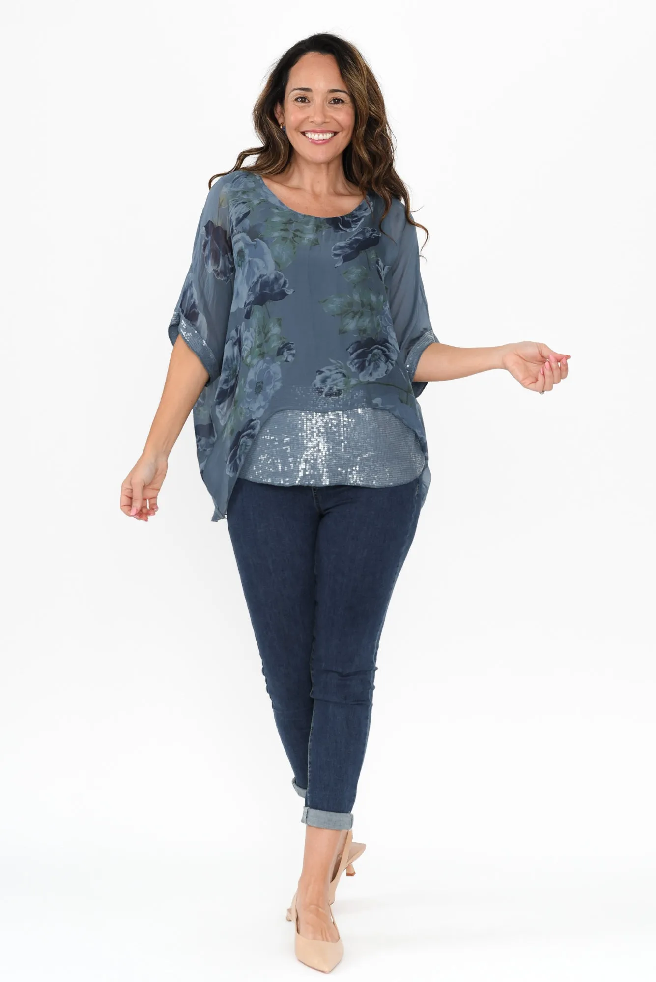 Reina Blue Floral Silk Sequin Top sold by Blue Bungalow product image thumbnail 2