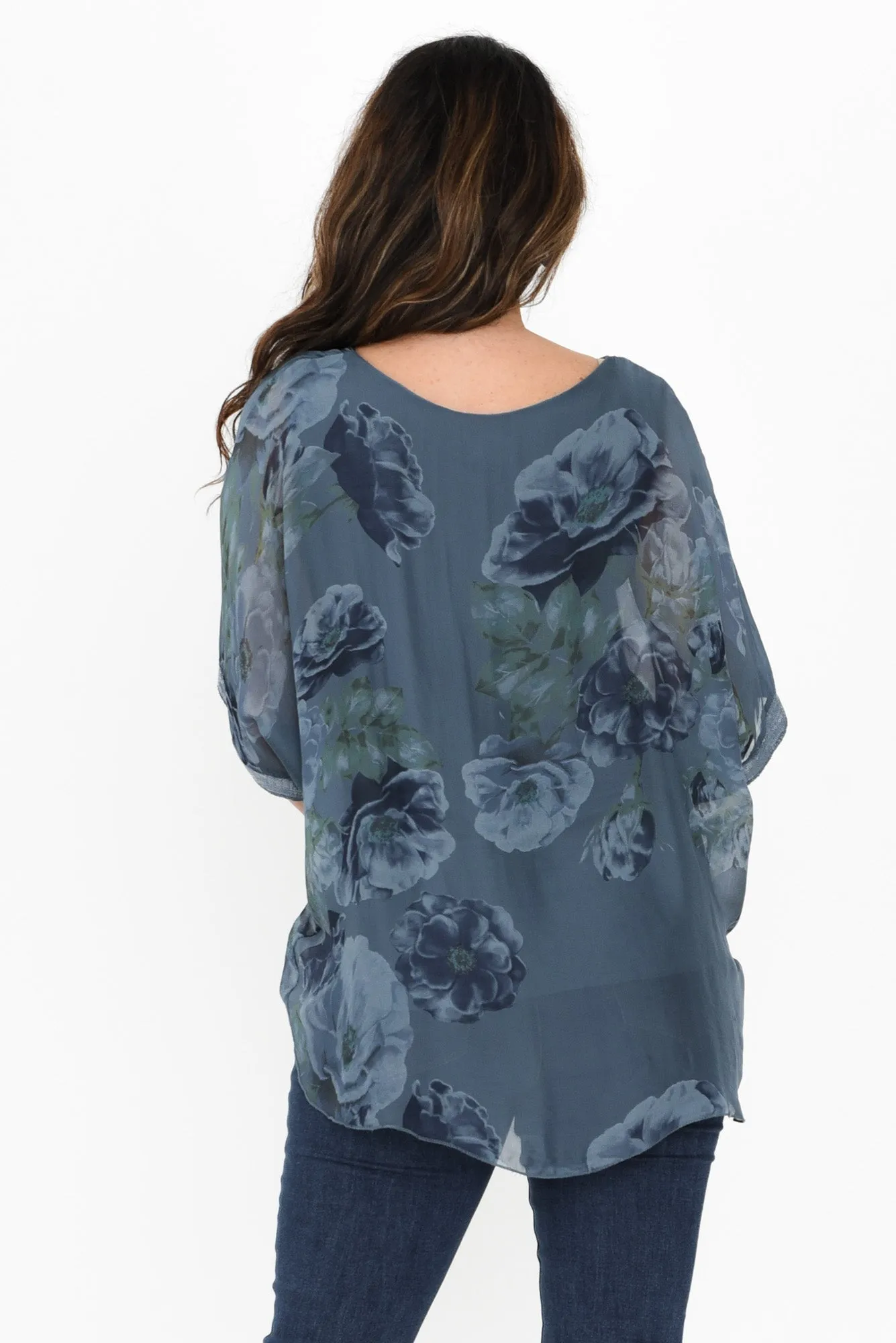 Reina Blue Floral Silk Sequin Top sold by Blue Bungalow product image thumbnail 4