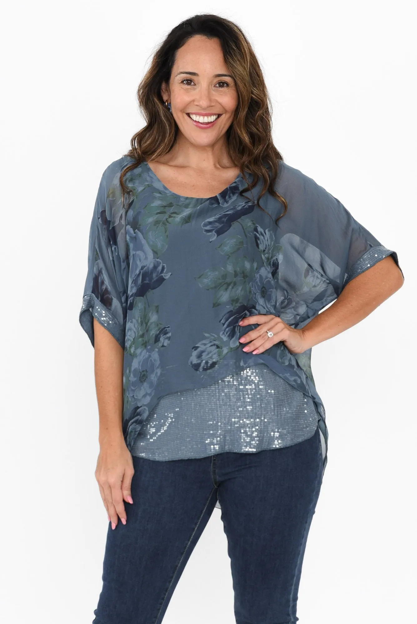 Reina Blue Floral Silk Sequin Top sold by Blue Bungalow