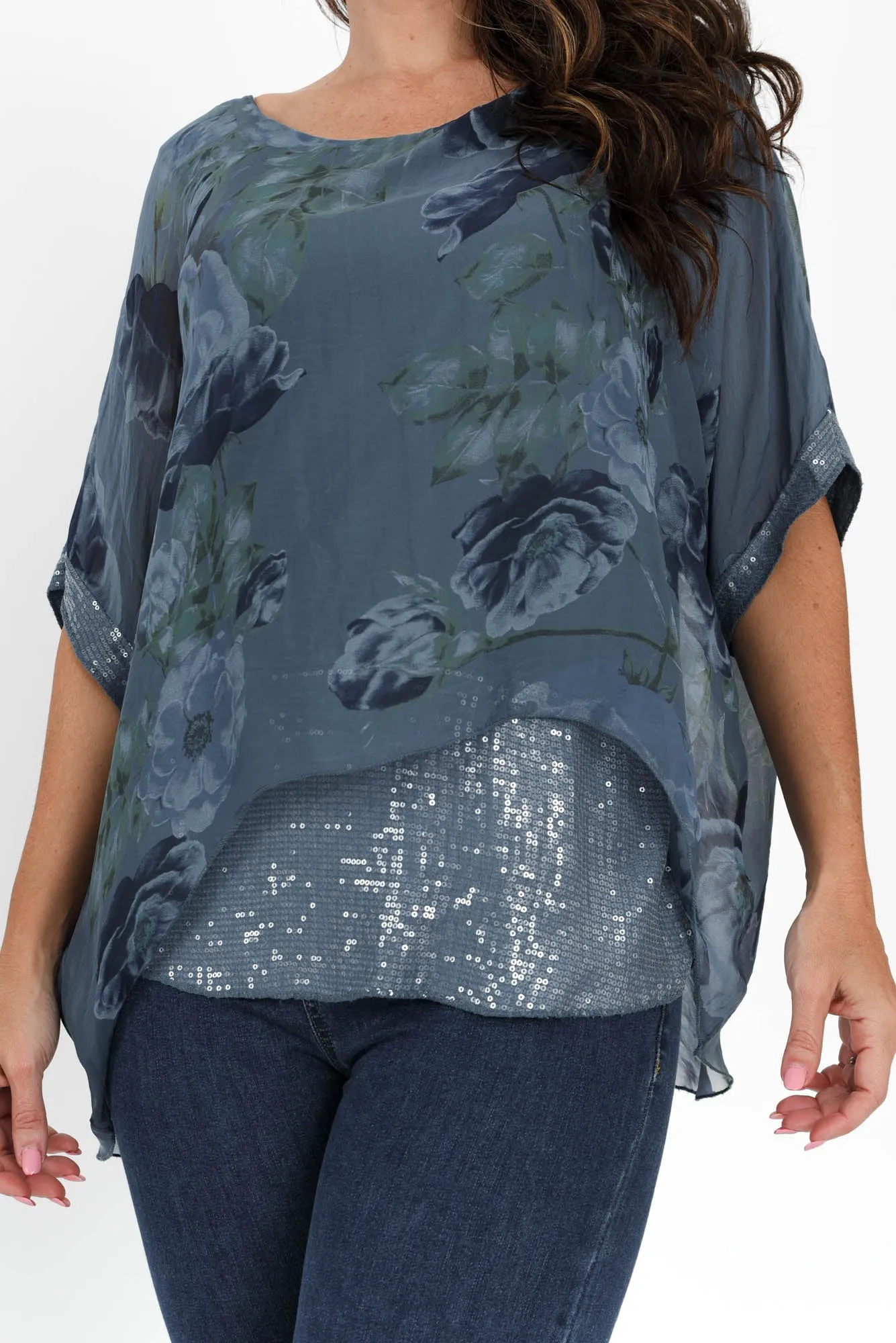 Reina Blue Floral Silk Sequin Top sold by Blue Bungalow product image thumbnail 5
