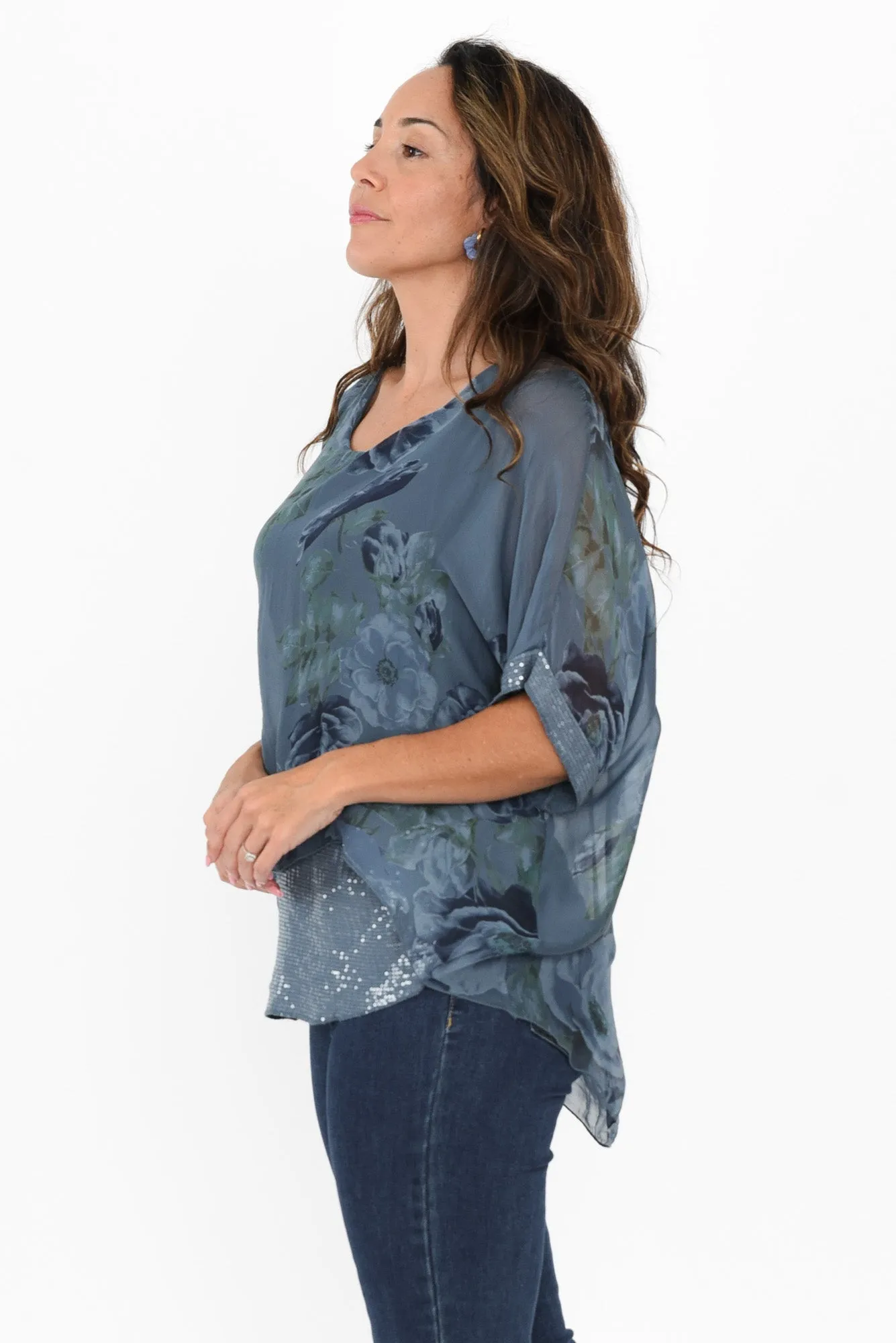 Reina Blue Floral Silk Sequin Top sold by Blue Bungalow product image thumbnail 3