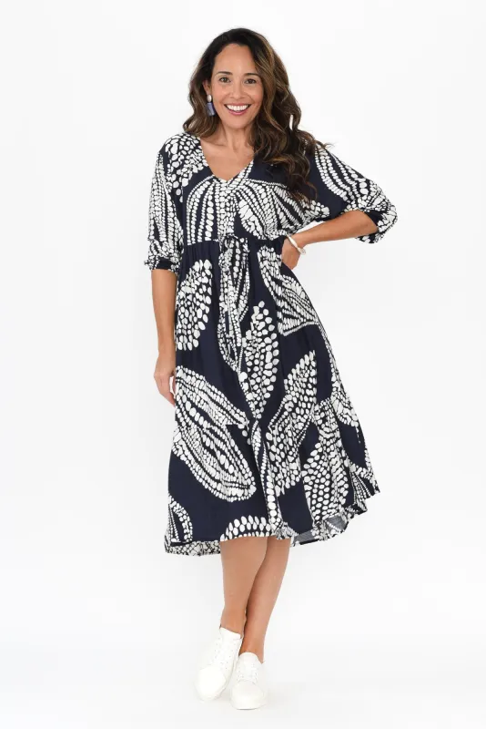 Meredith Navy Speckle Leaf Tie Dress sold by Blue Bungalow