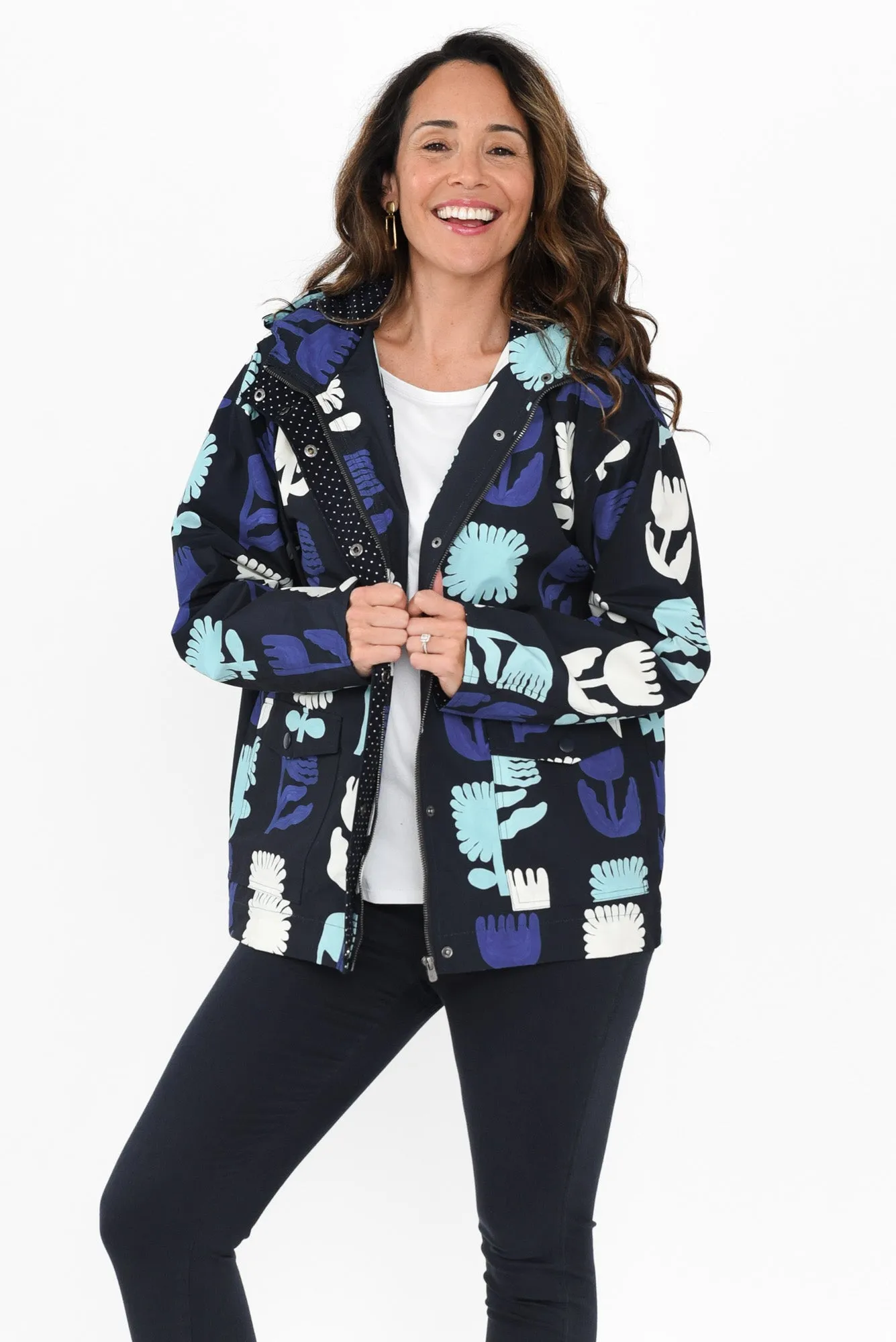 Madeleine Navy Floral Hooded Raincoat sold by Blue Bungalow