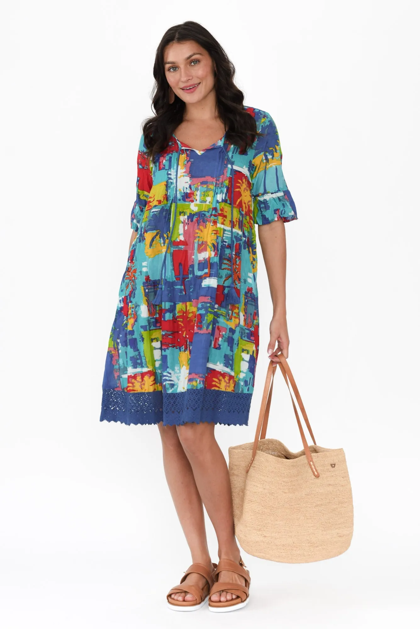 Cayman Cobalt Palm Cotton Tunic Dress sold by Blue Bungalow