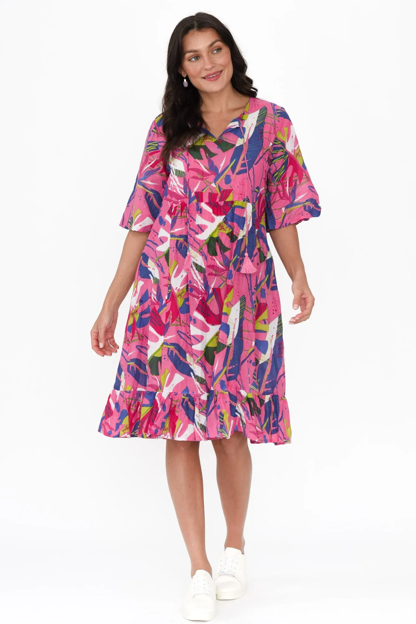 Mila Fuchsia Leaf Crinkle Cotton Dress sold by Blue Bungalow