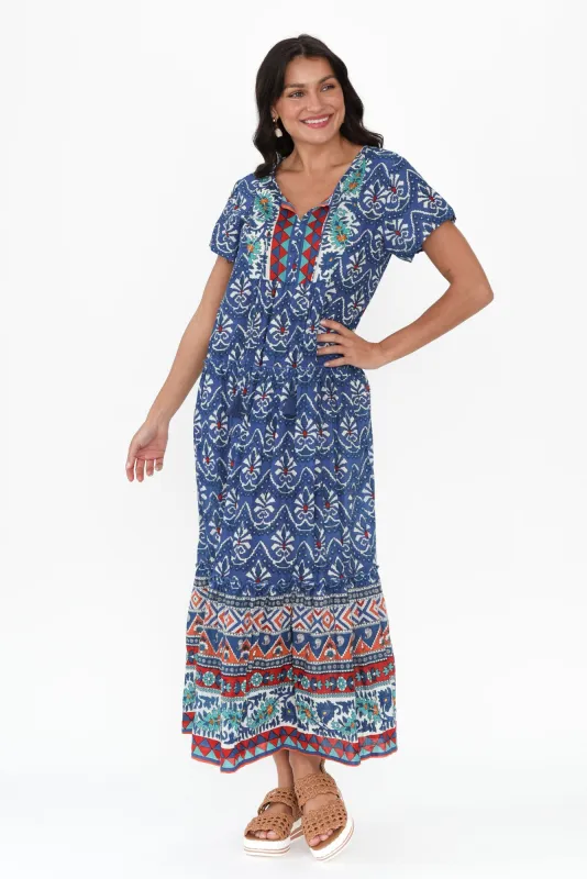 Nona Cobalt Mosaic Crinkle Cotton Maxi Dress sold by Blue Bungalow