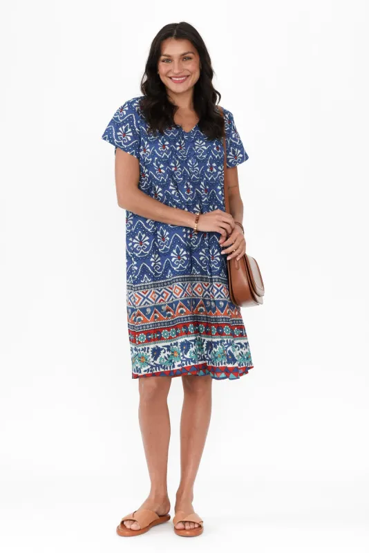 Sabina Cobalt Mosaic Crinkle Cotton Dress sold by Blue Bungalow