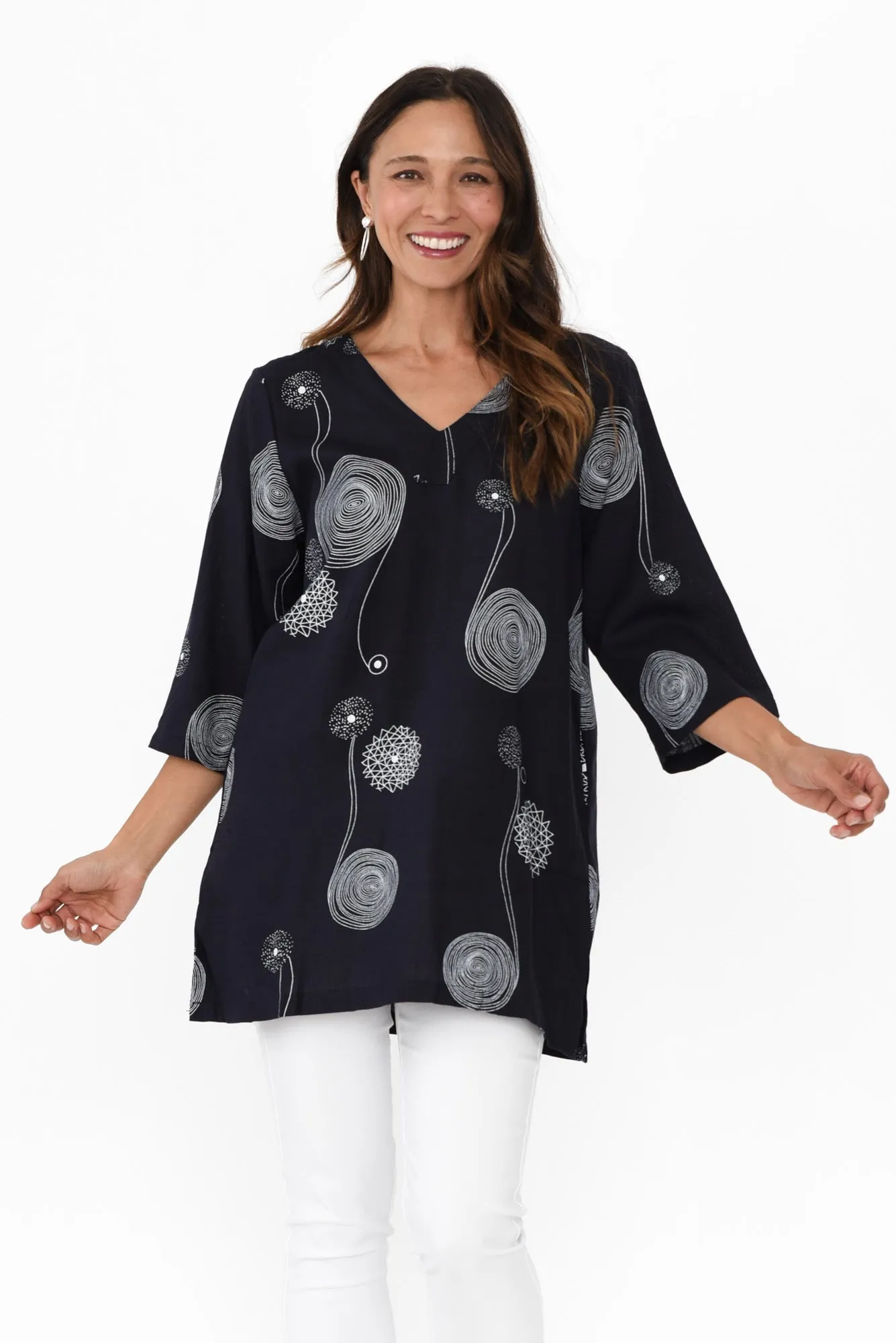 Alora Navy Swirl Linen Cotton Tunic sold by Blue Bungalow