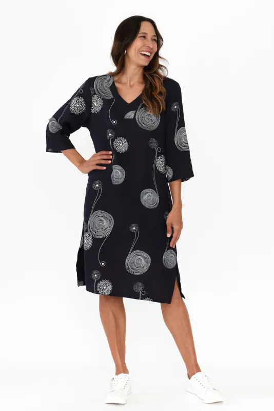 Celine Navy Swirl Linen Cotton Dress sold by Blue Bungalow