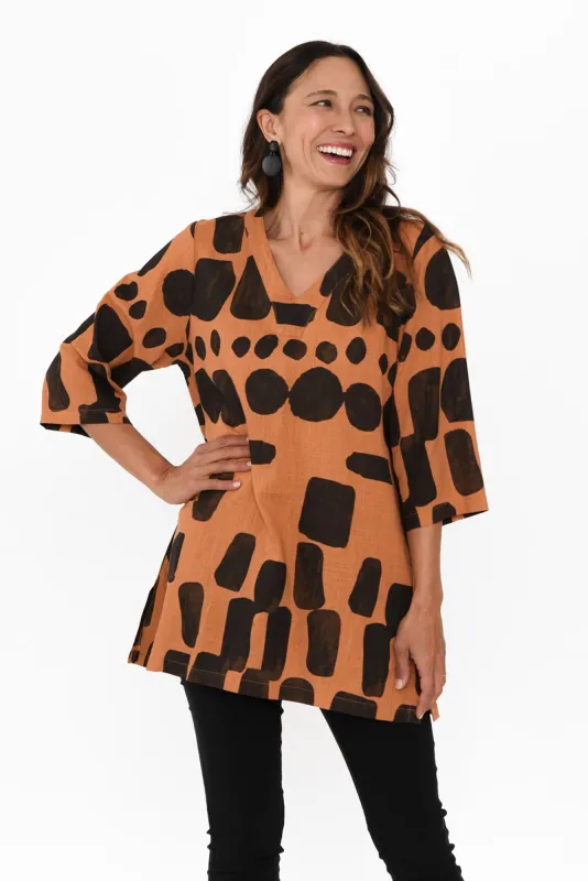 Alora Rust Geo Linen Cotton Tunic sold by Blue Bungalow