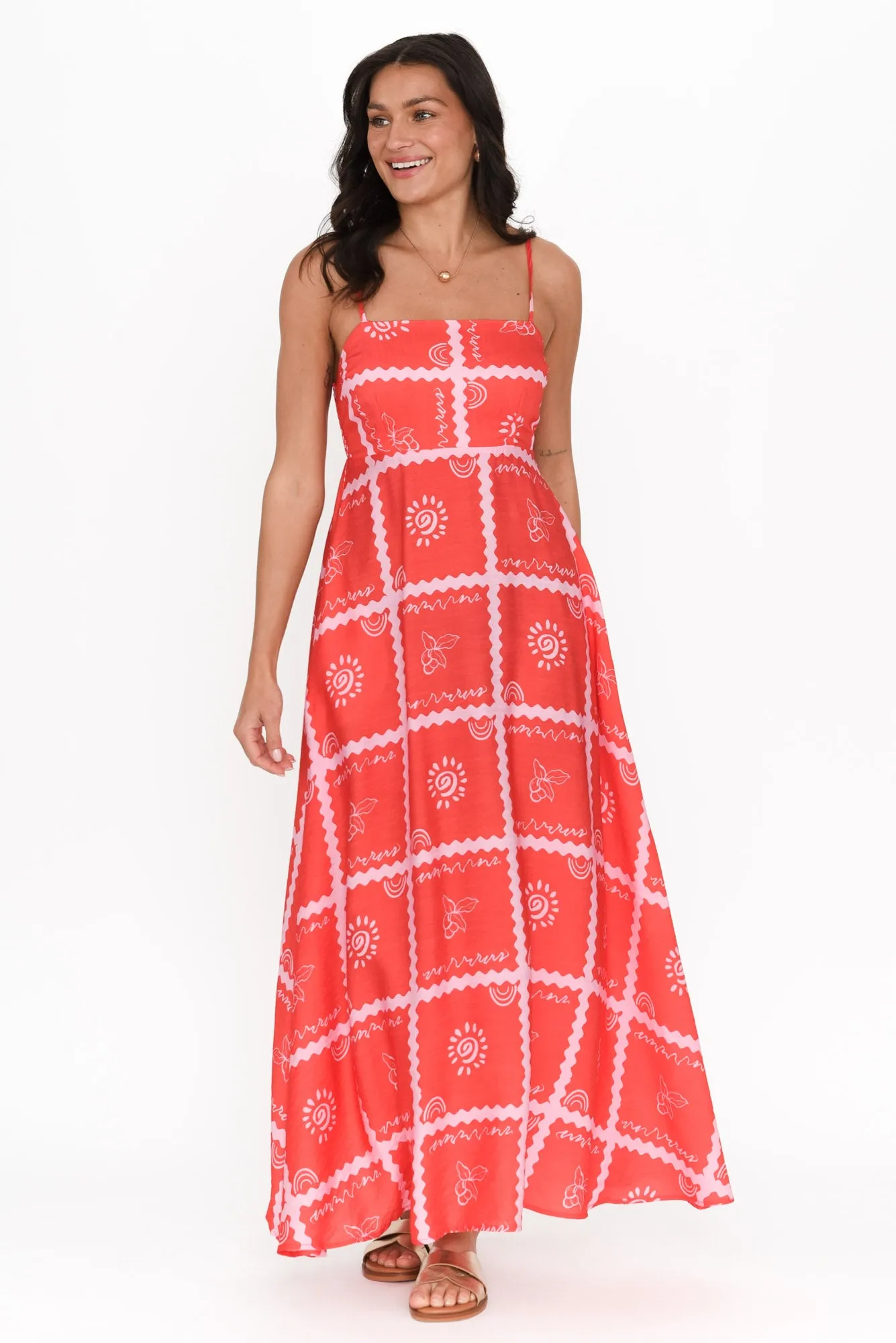 Julietta Red Tile Maxi Dress sold by Blue Bungalow