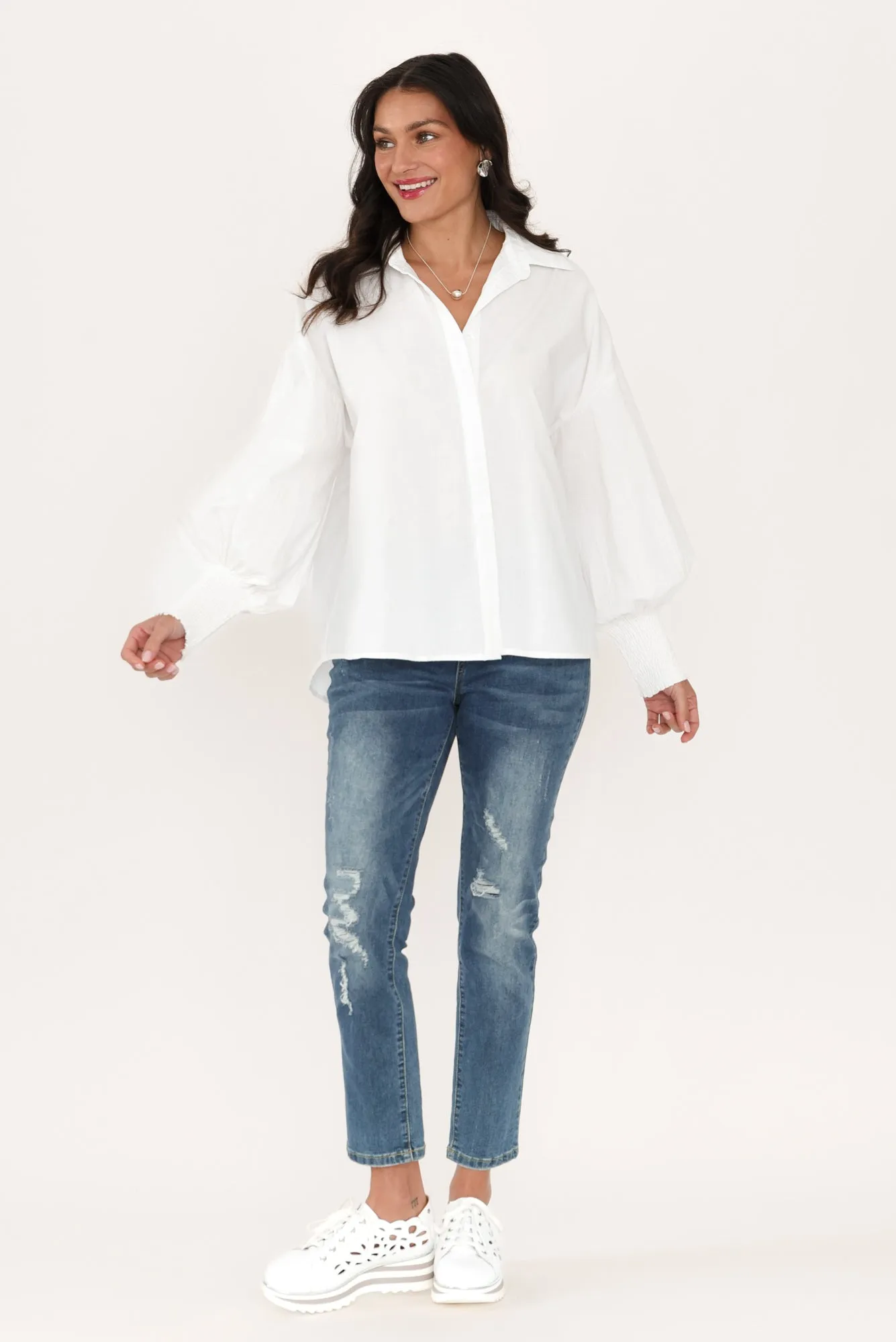 Iona White Cotton Puff Sleeve Shirt sold by Blue Bungalow product image thumbnail 2