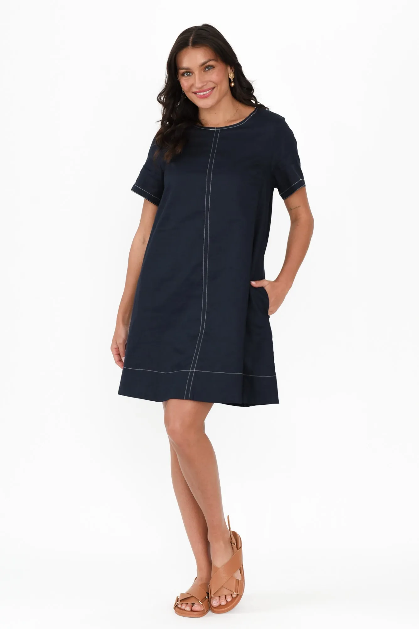 Ithaca Navy Contrast Linen Cotton Dress sold by Blue Bungalow product image thumbnail 2