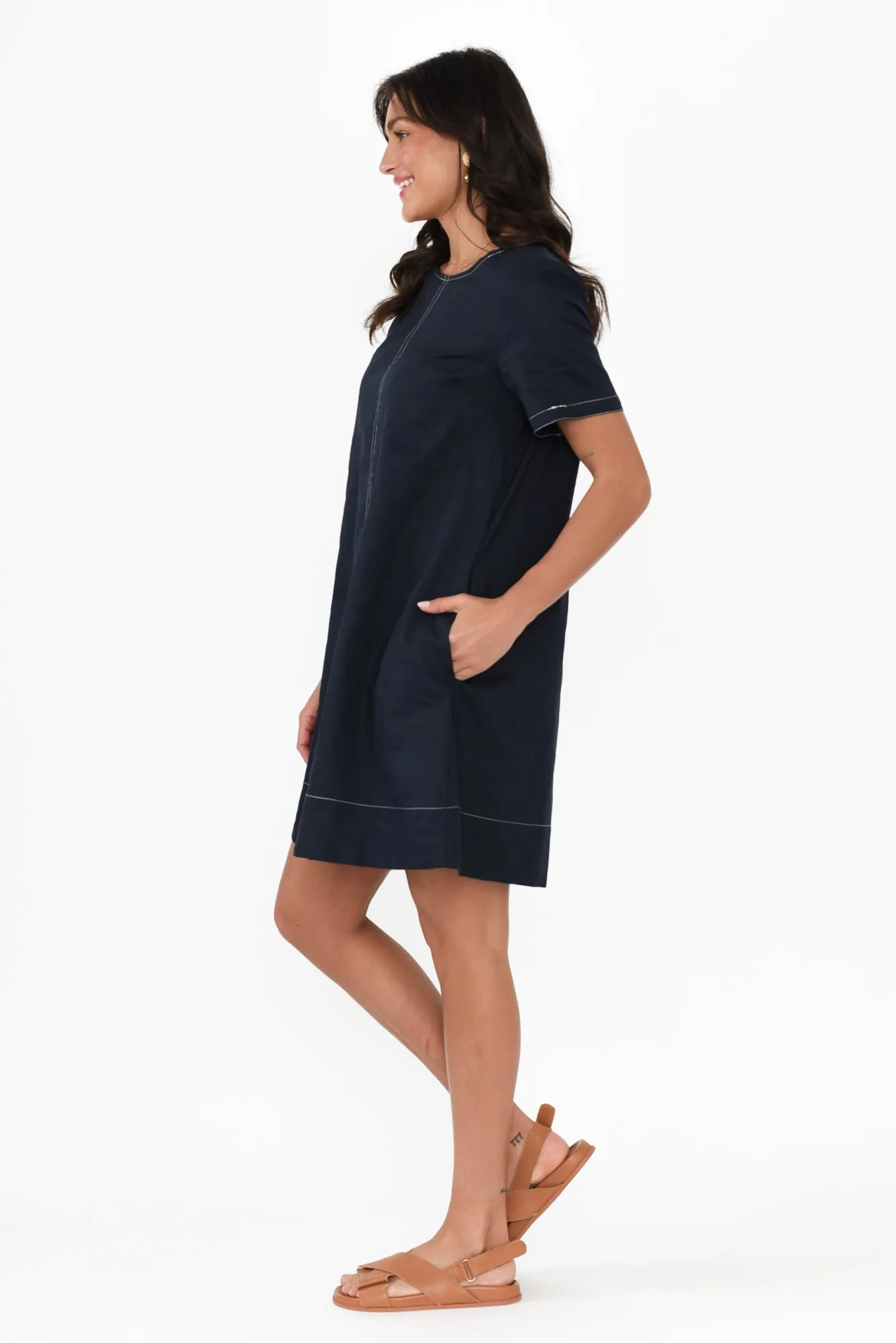 Ithaca Navy Contrast Linen Cotton Dress sold by Blue Bungalow product image thumbnail 3