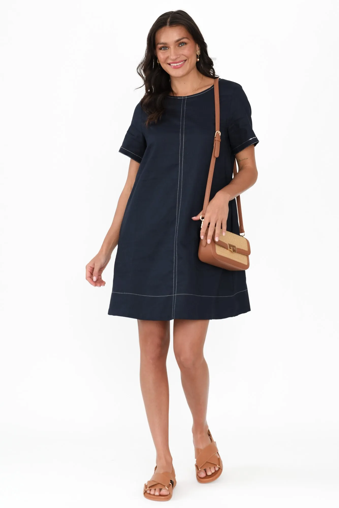 Ithaca Navy Contrast Linen Cotton Dress sold by Blue Bungalow