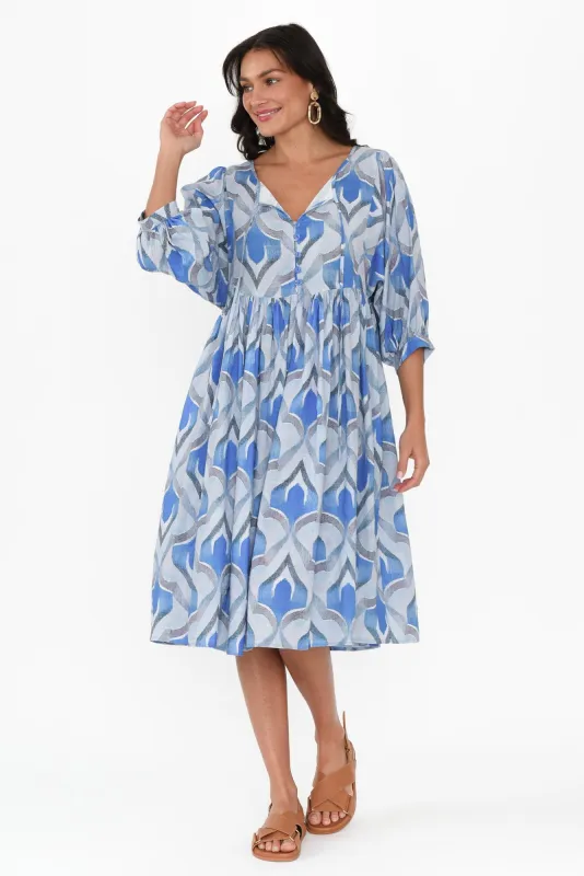 Noelle Blue Geo Cotton Pocket Dress sold by Blue Bungalow