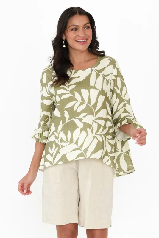 Jessie Khaki Leaf Linen Frill Top sold by Blue Bungalow