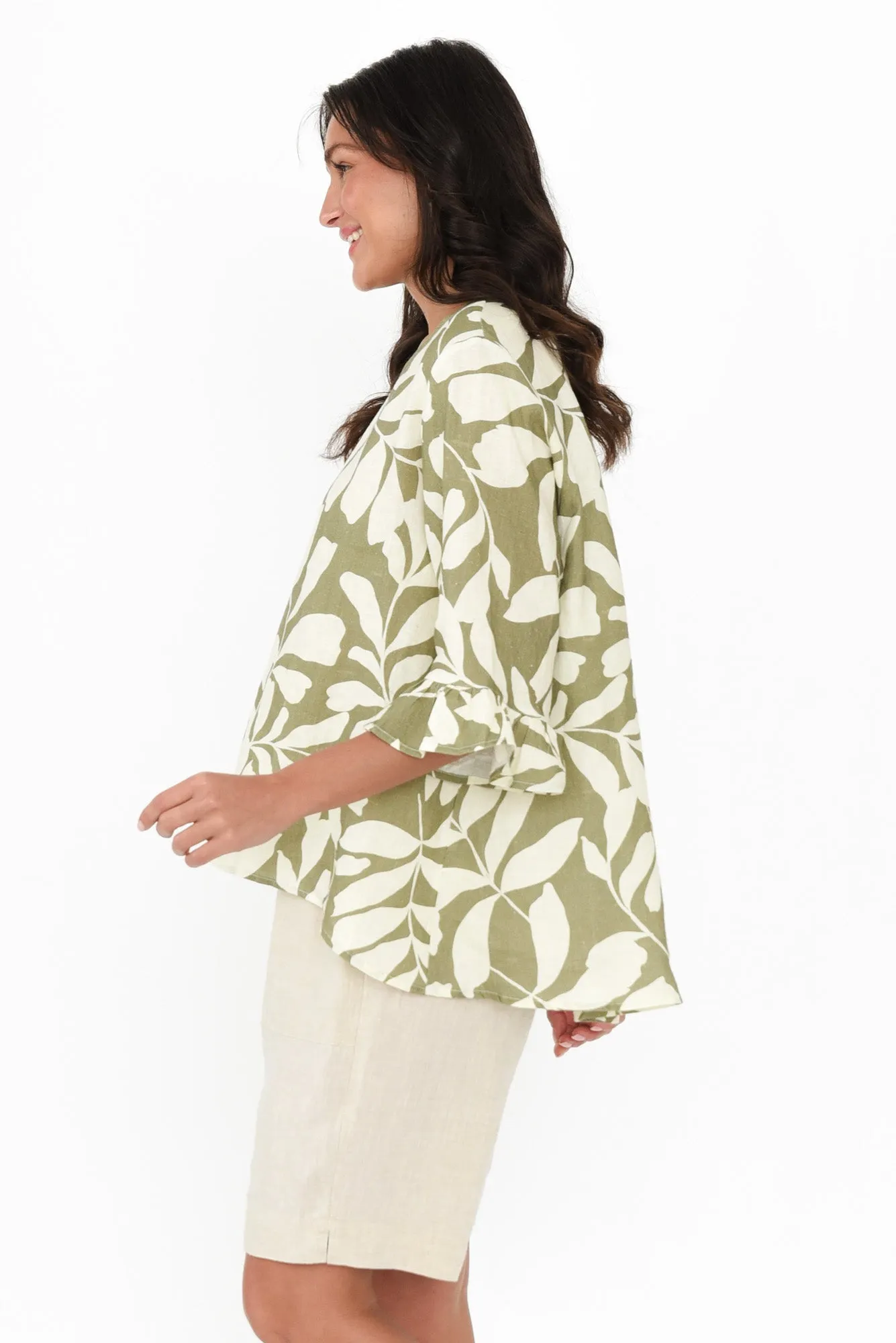 Jessie Khaki Leaf Linen Frill Top sold by Blue Bungalow product image thumbnail 3
