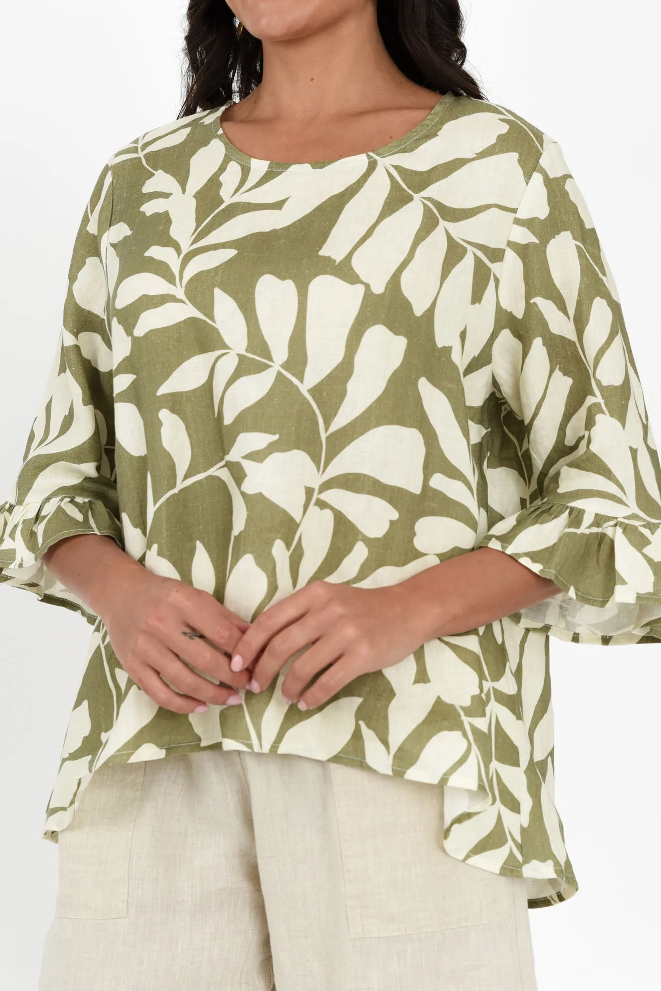 Jessie Khaki Leaf Linen Frill Top sold by Blue Bungalow product image thumbnail 5