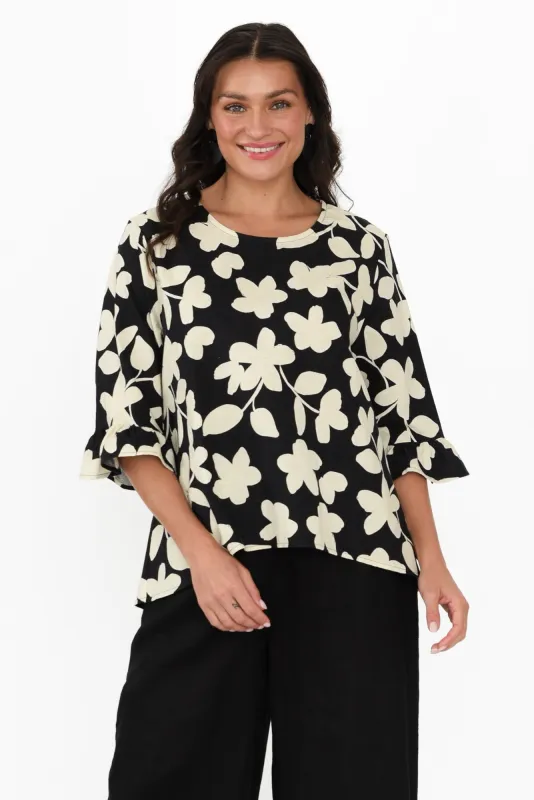 Jessie Black Floral Linen Frill Top sold by Blue Bungalow