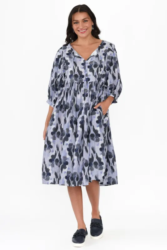 Noelle Blue Abstract Cotton Pocket Dress sold by Blue Bungalow