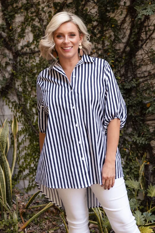 Sadie Navy Stripe Cotton Shirt sold by Blue Bungalow