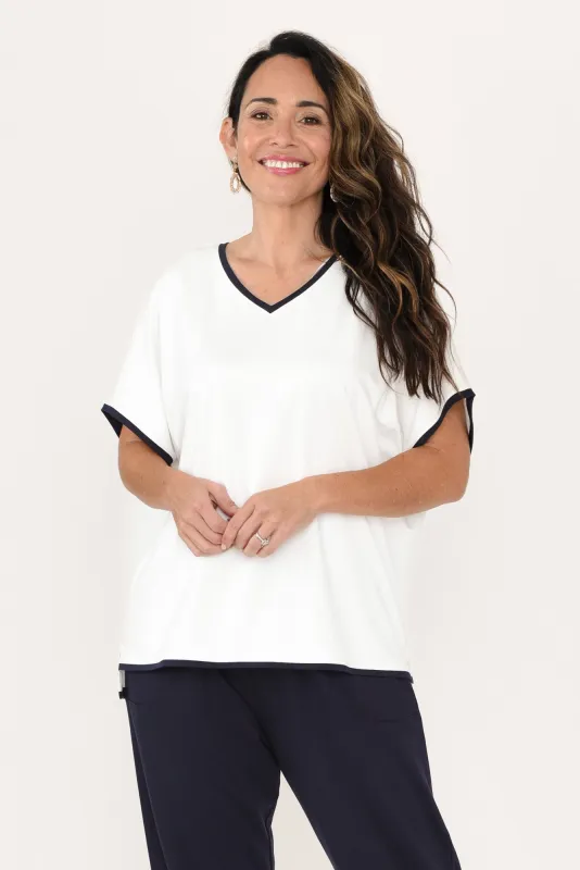 Clara White Contrast Navy Trim Tee sold by Blue Bungalow