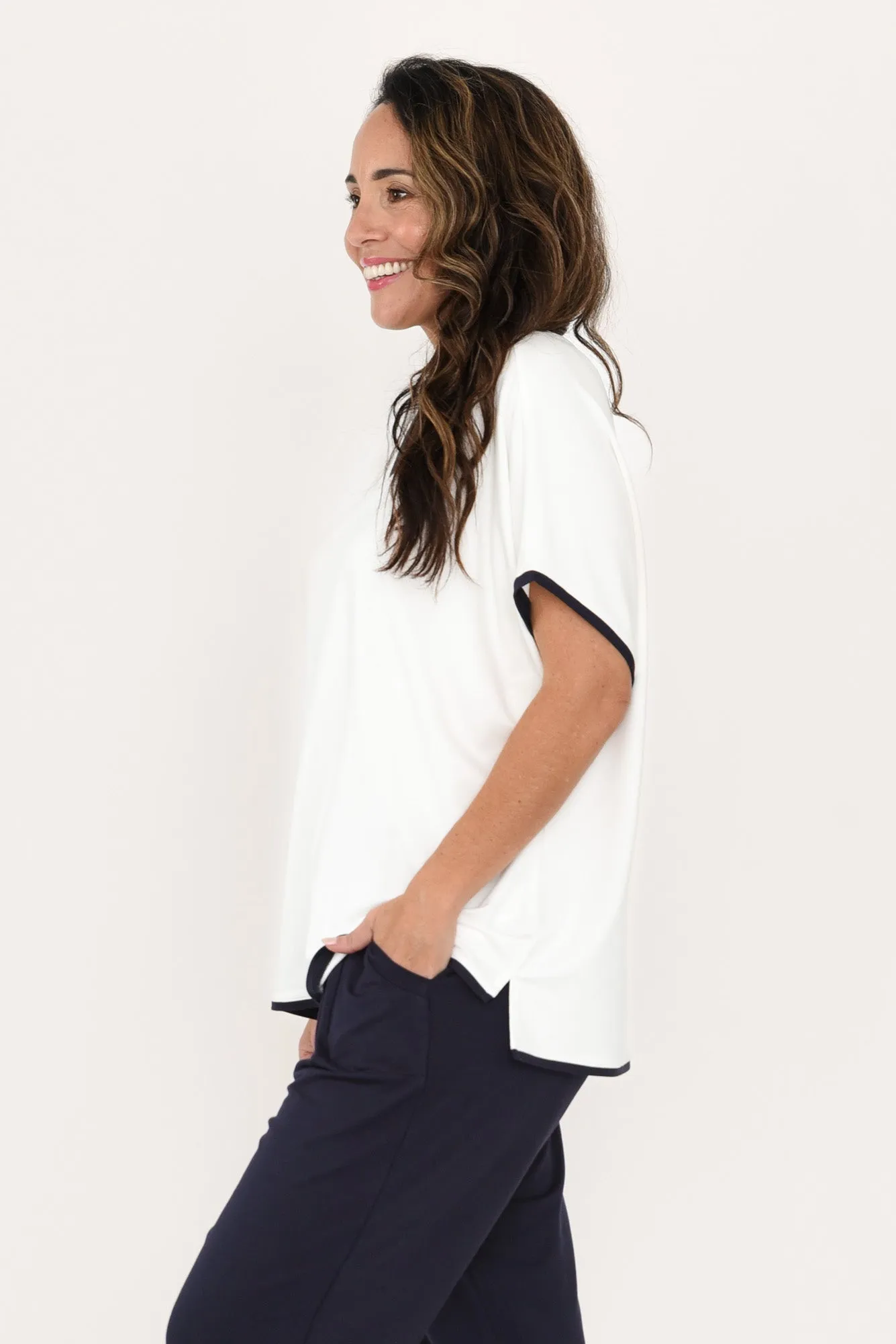 Clara White Contrast Navy Trim Tee sold by Blue Bungalow product image thumbnail 3