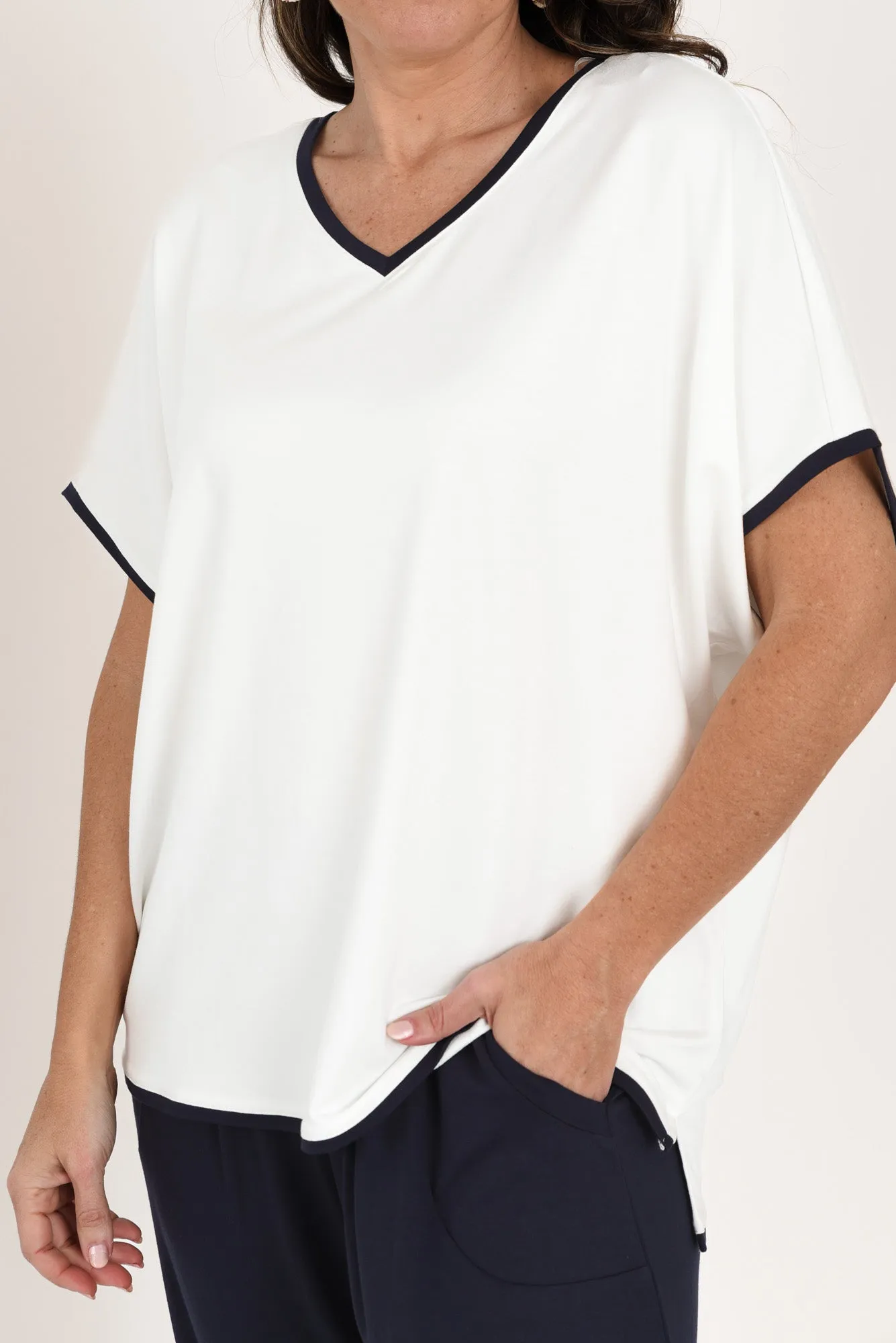 Clara White Contrast Navy Trim Tee sold by Blue Bungalow product image thumbnail 5